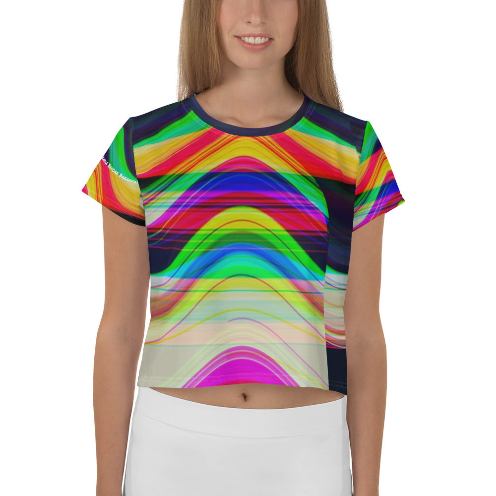 Gliding Thru a Blackhole Before Breakfast with Text on Sleeve All-Over Print Crop Tee