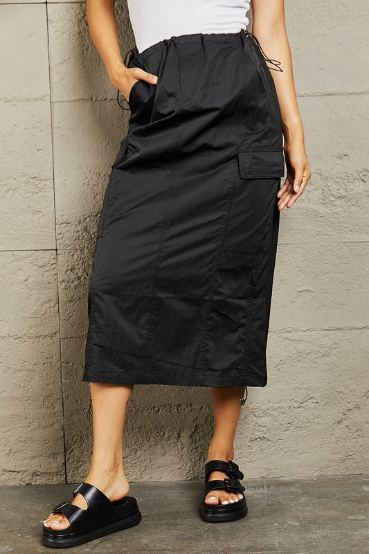 Black ON Black High Waisted Cargo Midi Skirt in Black